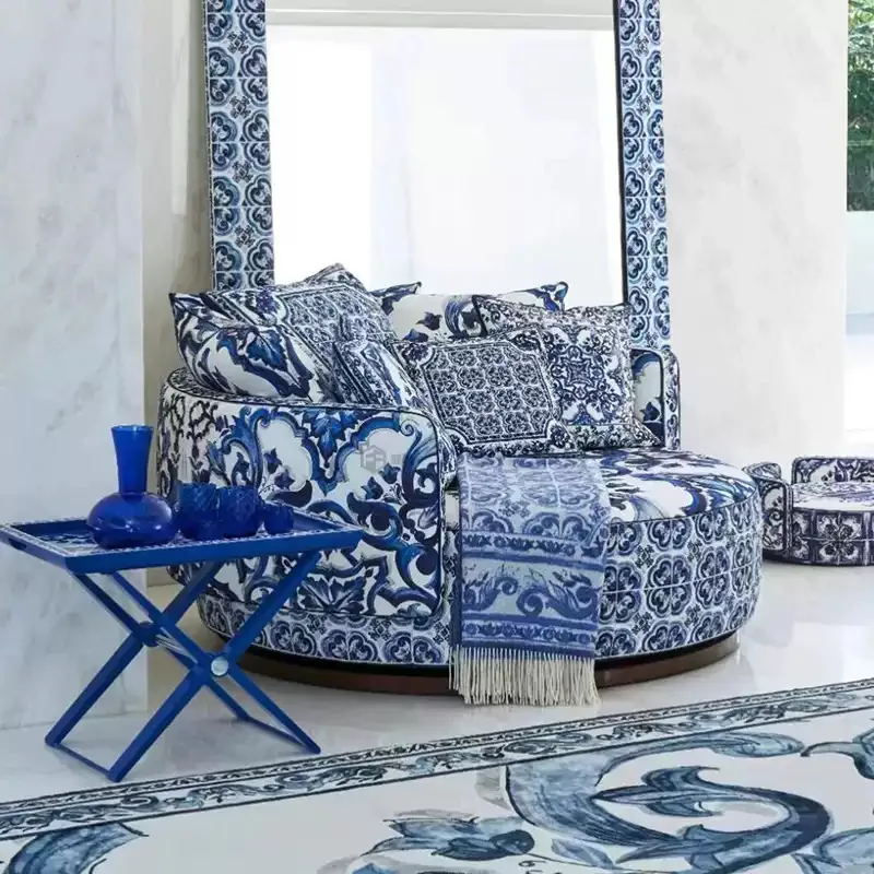 Luxury Blue and White Porcelain Pattern Fabric Sofa Set Italian Style 1 2 3 Seater Combination with Solid Wood Frame for Villa