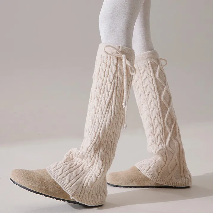 Alças com cordão, capas de meias de perna larga de lã espessada, capas de pé de malha quente e capas de bota femininas
