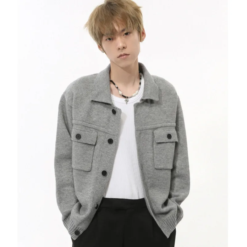 Fashion 2024 Winter Men's Cardigan Casual Single Breasted Big Pockets Solid Color Sweaters Trendy Loose Male Knits Tide