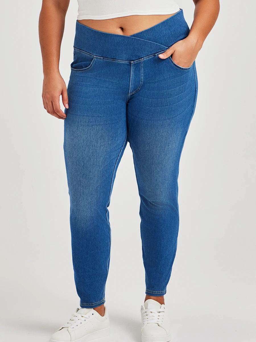 Muyafei Plus Size Cross Waist High Elastic Skinny Jeans Women High Waist Tummy Control Slim Fit Stretchy Casual Denim Pants view 3