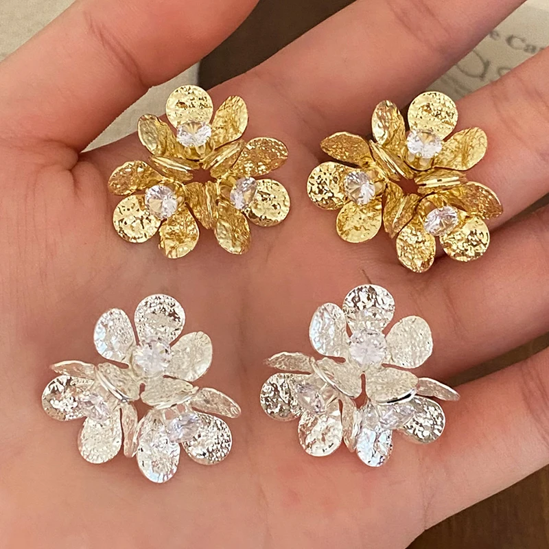 

PONYKISS 925 Sterling Silver 18K Gold Zircon Exaggerated Flower Stud Earrings for Women Vintage Fine Jewelry Plant Accessories
