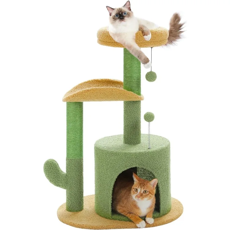 PAWZ Road Cactus Cat Tree 32 Inches Small Cat Tower with Sisal Covered Scratching Post, Cozy Condo