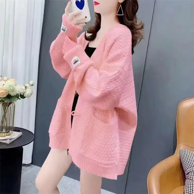 Tasche Kuhhorn Knopf Strickjacke Damen Plus Size Strickjacke verdickt neuen Stil Western-Stil mittellanges Top