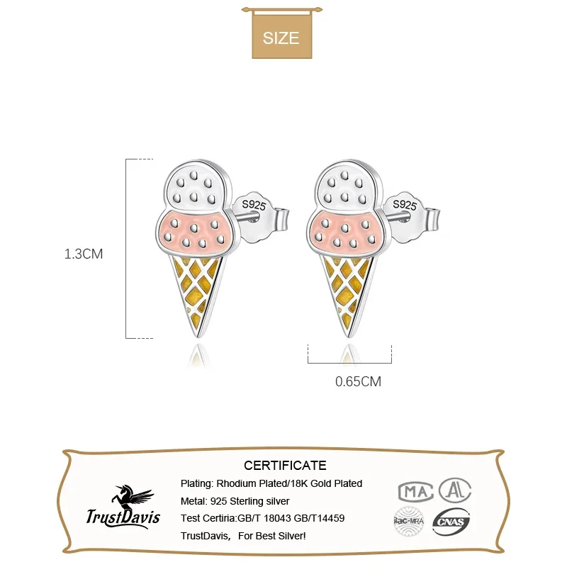 TrustDavis 100% 925 Sterling Silver Women Fashion Ice Cream Style Stud Earrings Gift For Daughter Girls Teens Wholesale DS1533