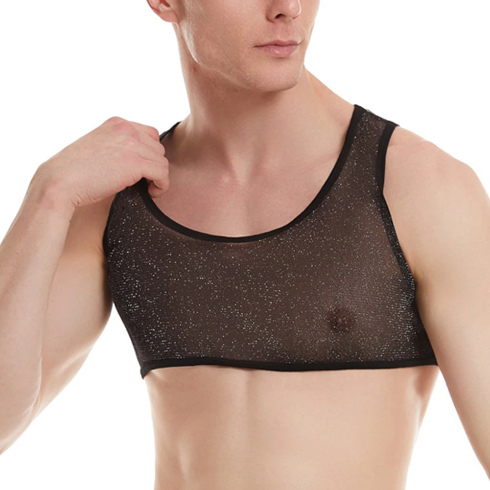 男性シースルーメッシュ薄手のタンクトップノースリーブ筋肉通気性速乾アンダーシャツクロップ超薄型エロトップス U ネックベスト