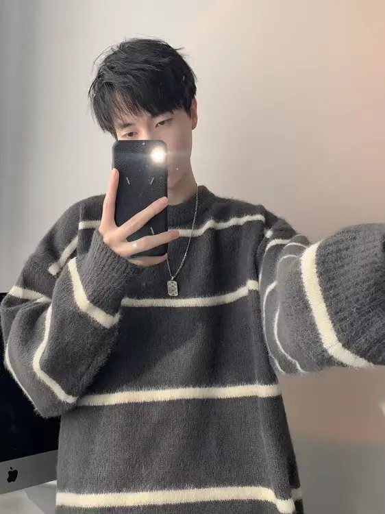 

Extra Large Knitted Wool Sweater for Men round Ne Thiened Casual Sle Teenage High School Student Faionable Loose Fit