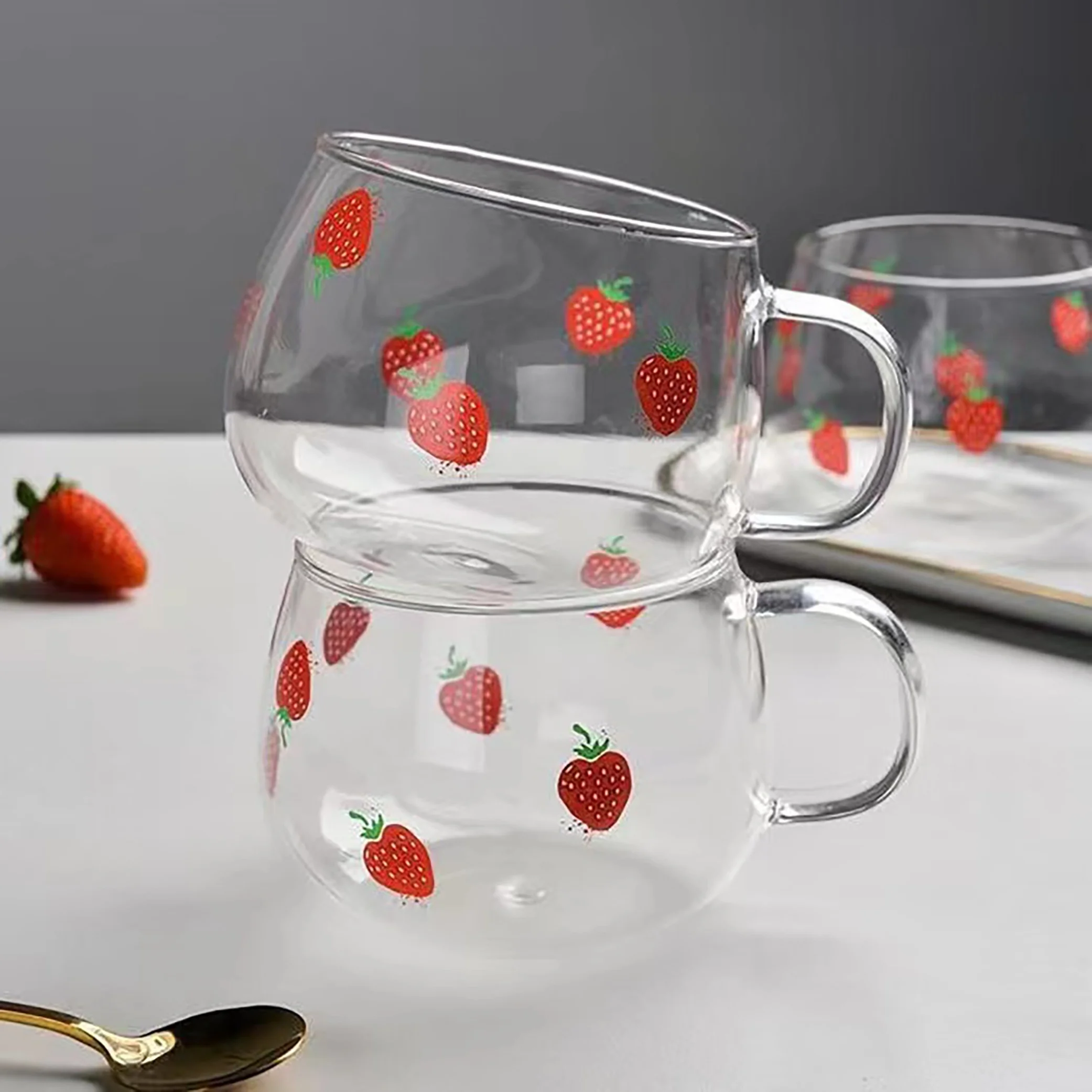 350ml Strawberry Drinking Glassjuice Mug Coffee Cup Clear Mugs With Handle Transparent Glass Oat Milk Cup Summer Drinkware