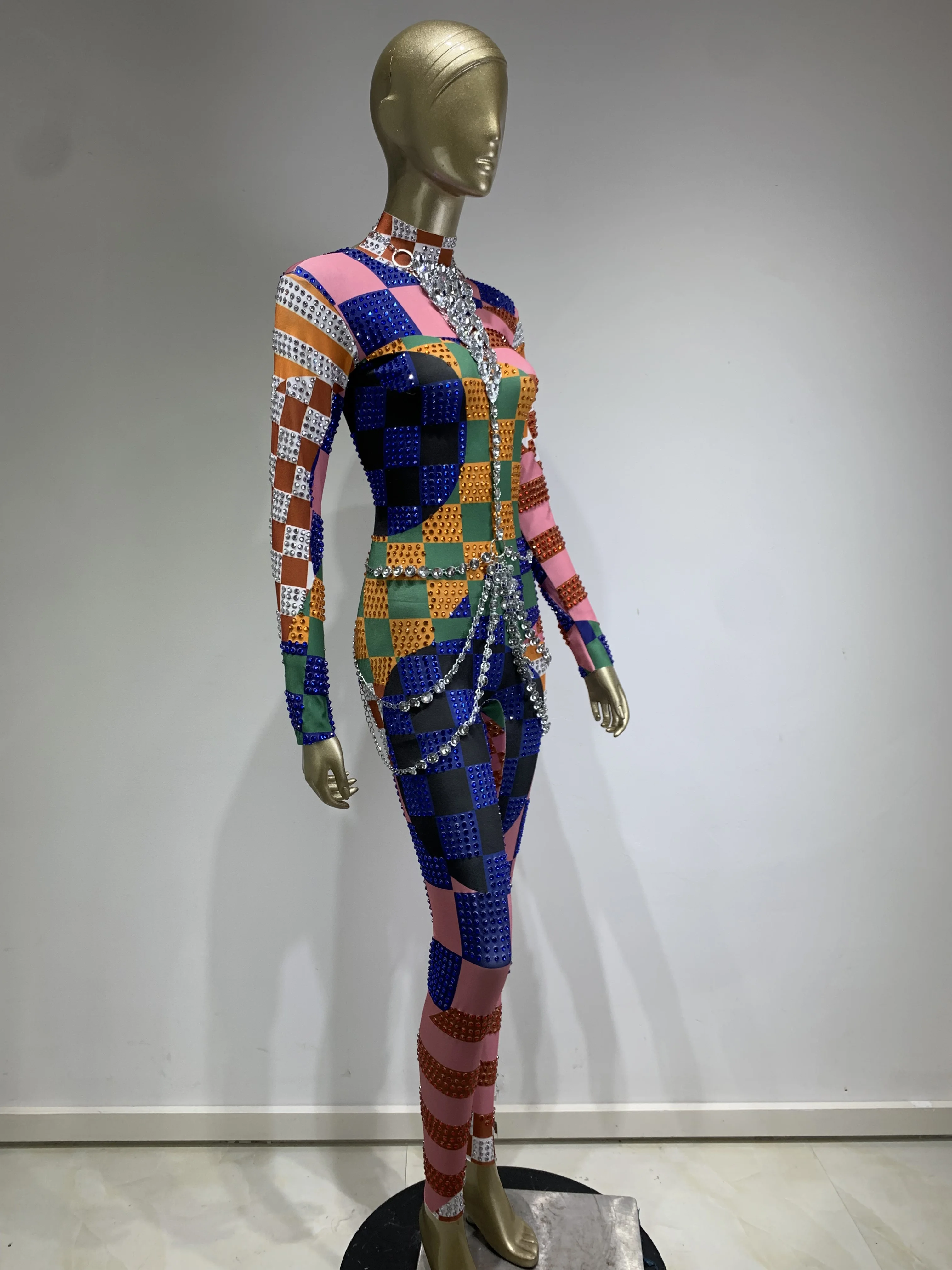 女性カラフルなセクシーなボディコンジャンプスーツ祝う誕生日イブニングパーティー衣装ナイトクラブ歌手キラキララインストーンステージ衣装