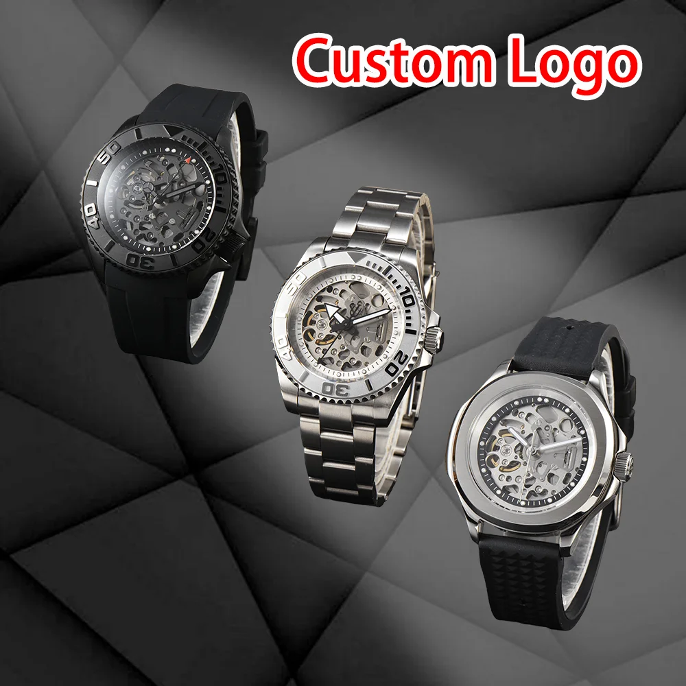 40.5 mm Custom logo 30Bar Waterproof NH70 Movement Watch Hollow-out Skeleton GMT Automatic Mechanical Men's Watches DIY Logo