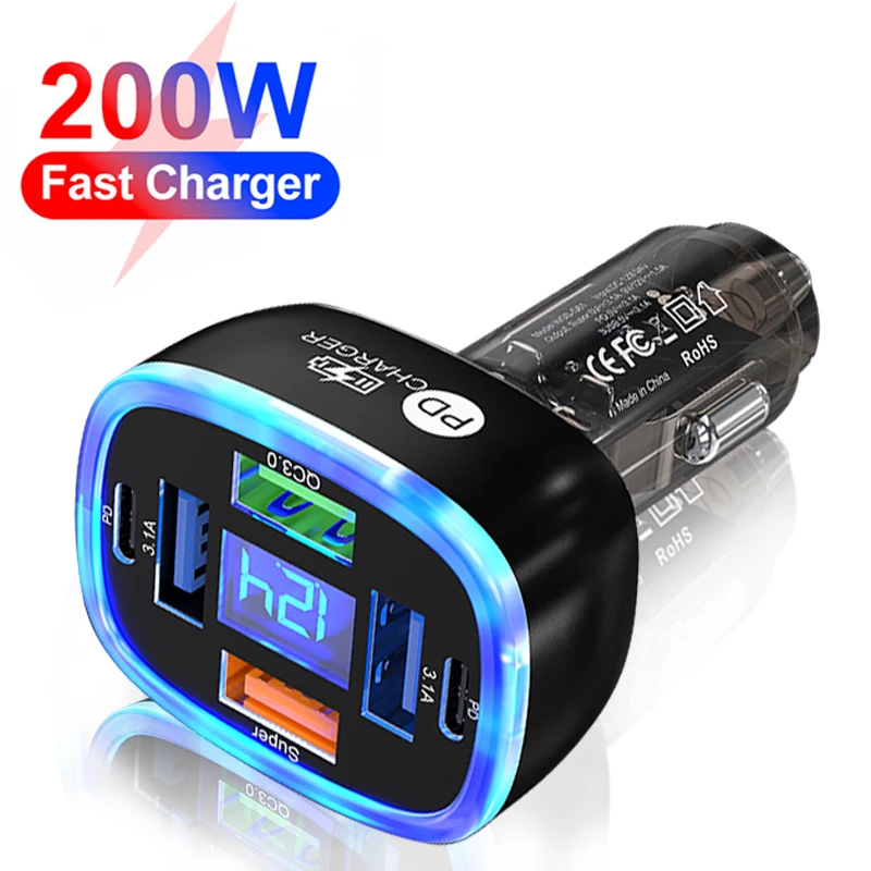 UYUXIO Multi Port USB C Car Charger with Voltage Display 6 in 1 Super Fast Charging Adapter for Huawei iPhone 16 15 Pro Max