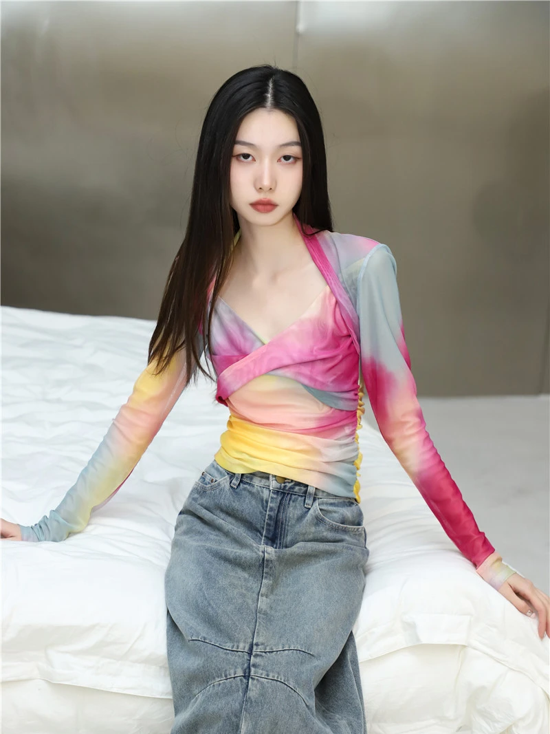 CHEERART Colorful Tie Dye Long Sleeve Tees Designer Mesh Top For Women 2023 Summer Square Neck Fashion Tees New Arrivals