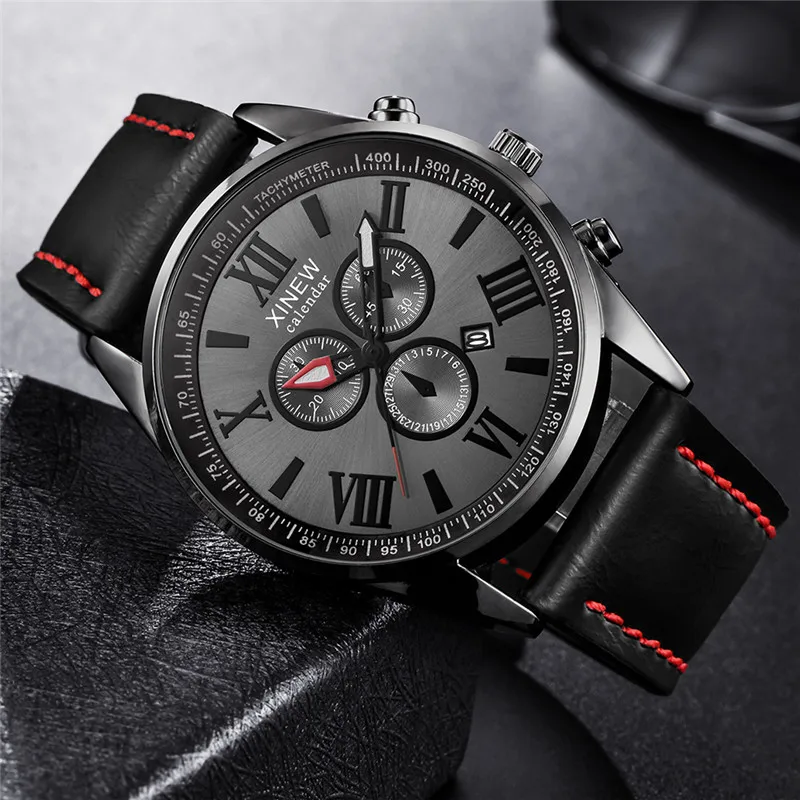 1 unid/lote, relojes de marca XINEW para hombres, correa de cuero de moda para estudiantes, regalos, reloj de cuarzo con fecha, reloj negro para hombre, reloj Masculino