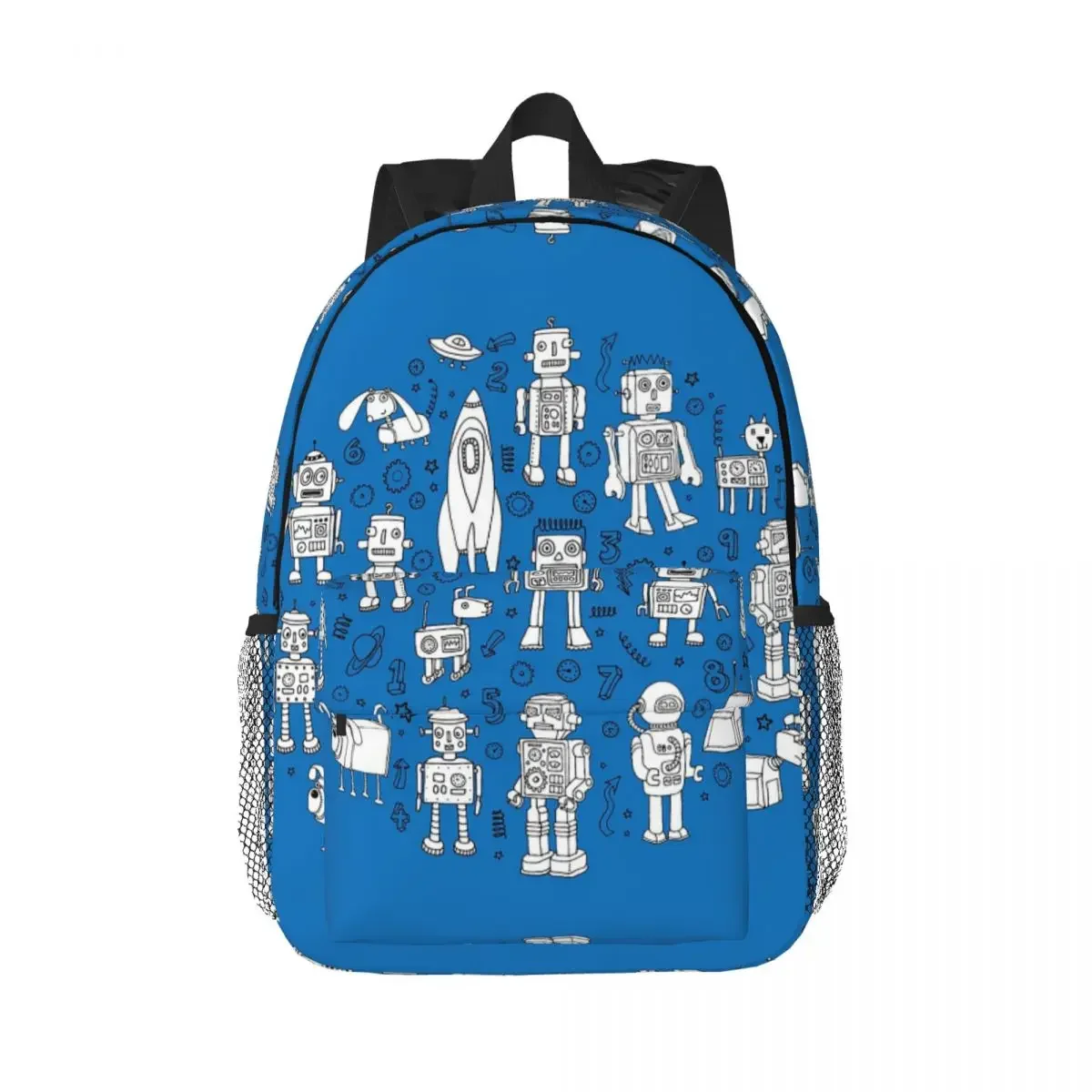 Robot - White On Blue - Fun Repeat By Cecca Designs Backpacks Teenager Bookbag Children School Bags Travel Rucksack Shoulder Bag