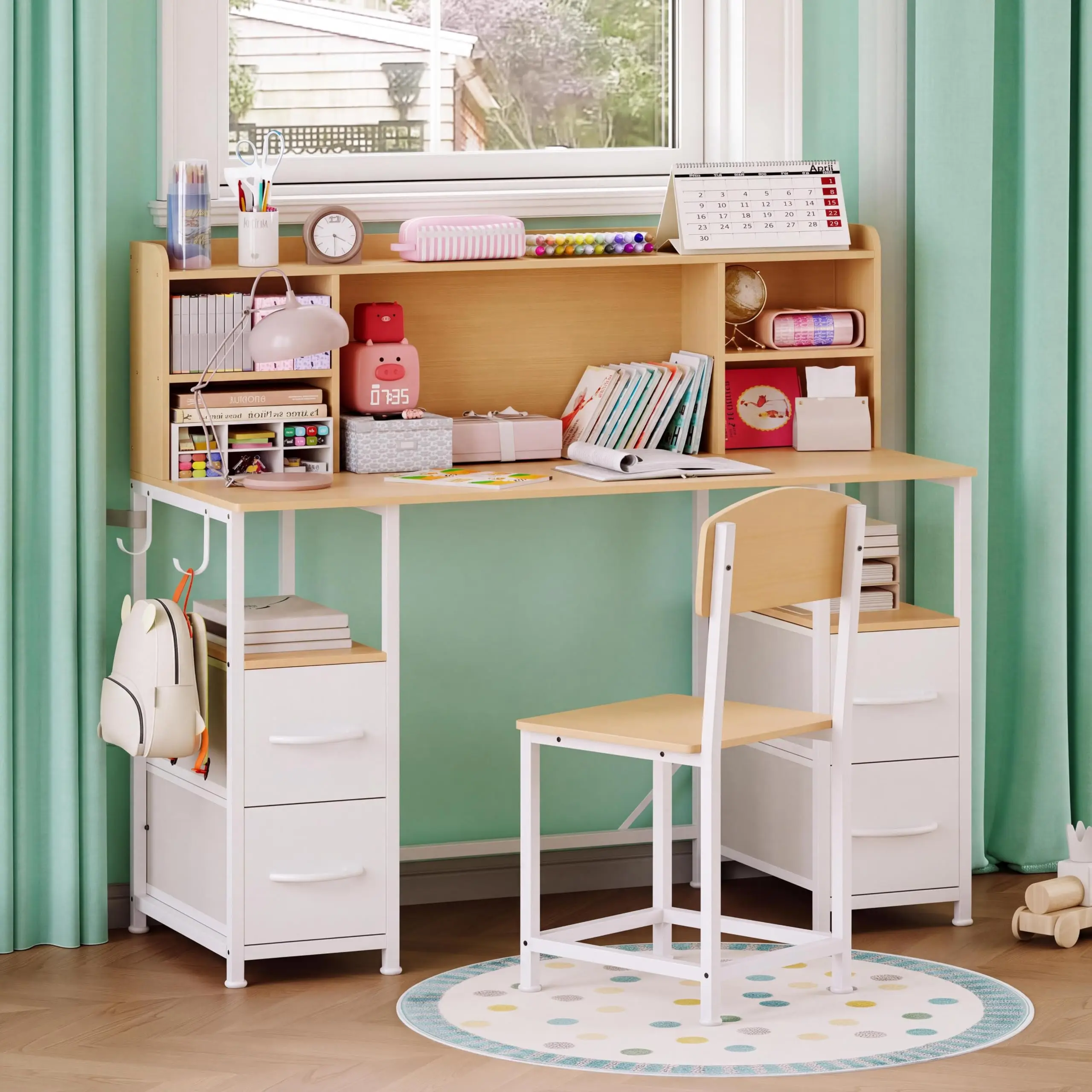 47.2 Inch Kids Desk And Chair Set With Hutch And Storage, Sturdy Metal Frame Kids Study Table For Ages 6 To 12, 4 Fabric Drawers, Detachable Hooks, Ergonomic Chair, Waterproof Top - view 5
