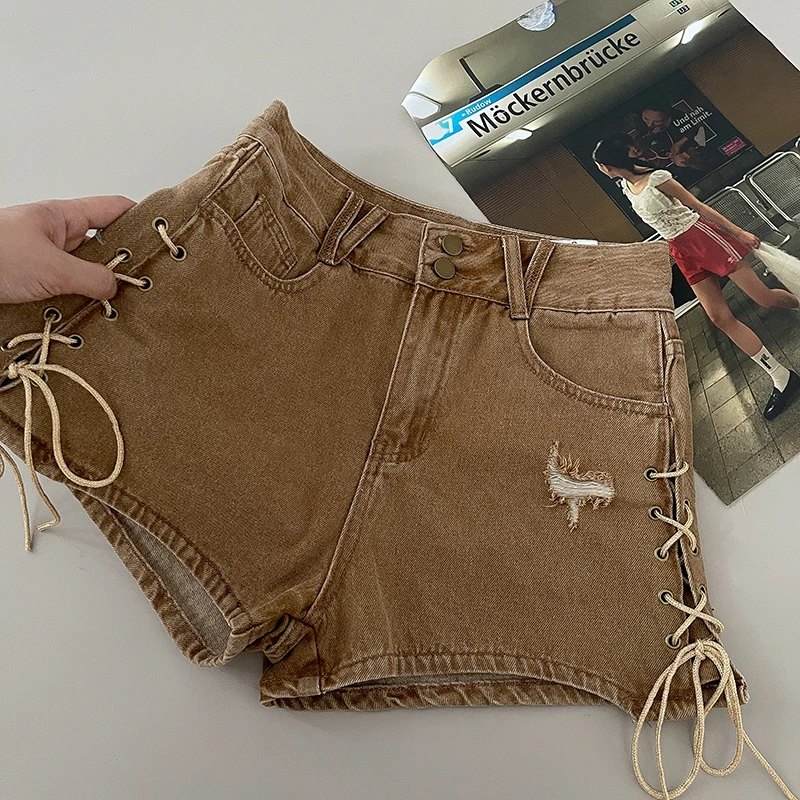 Fashion High Waist Lace Up Denim Shorts Women's Korean Style Chic Ripped Hole Casual Short Summer Vintage Spicy Girl Hot Pants