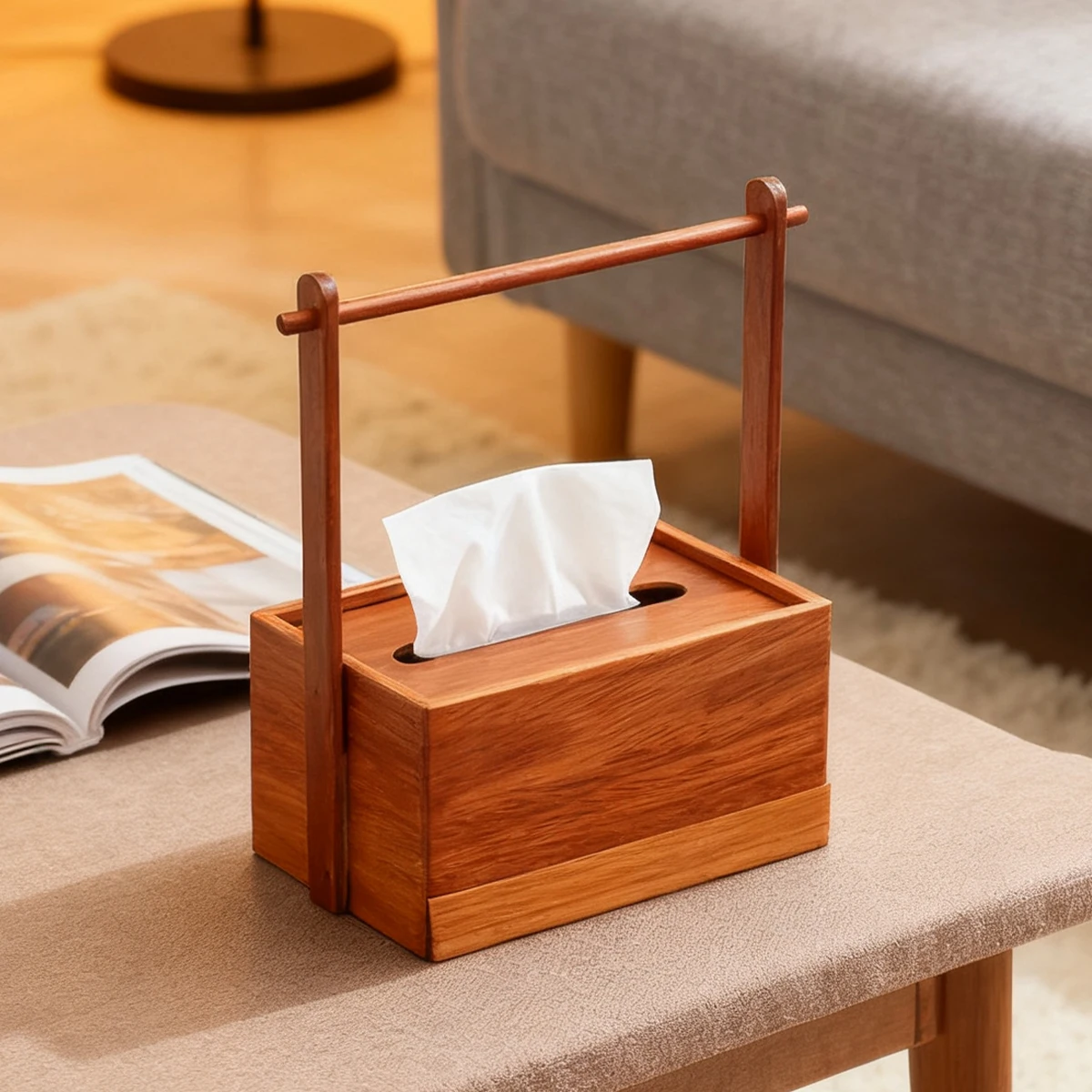 1 قطعة صندوق مناديل قائم بذاته مع مقبض مجوف لغرف النوم وغرف المعيشة والحمامات والفنادق والمكاتب صندوق تخزين المناديل الخشبية