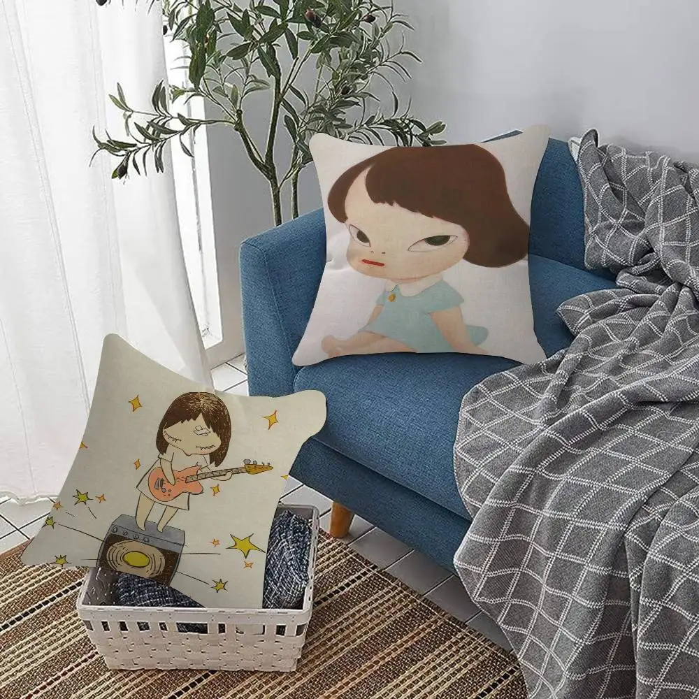 

Y-Yoshitomo Nara Art Lovely melancholy Pillow Sofa Decorative Home Double-sided Printing Short Plush Cute Cushion Cover