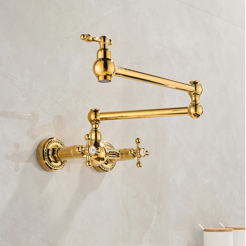 

Gold Wall Faucet Double Joint Spout Folding Stretchable Swing Arm Wall Kitchen Faucet Single Hole Two Handle Kitchen Sink