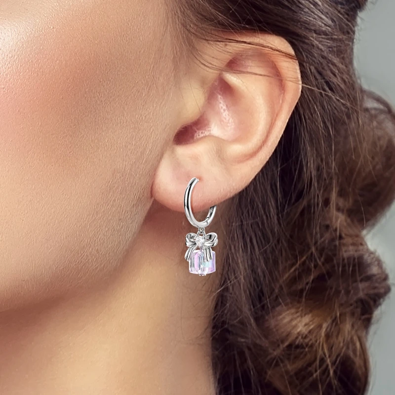 2024 New 925 Sterling Silver Sparkling Pink Bow Stud Earrings & Pavé Dangle Hoop Earrings For Girl Sweet Romantic Jewelry Gift