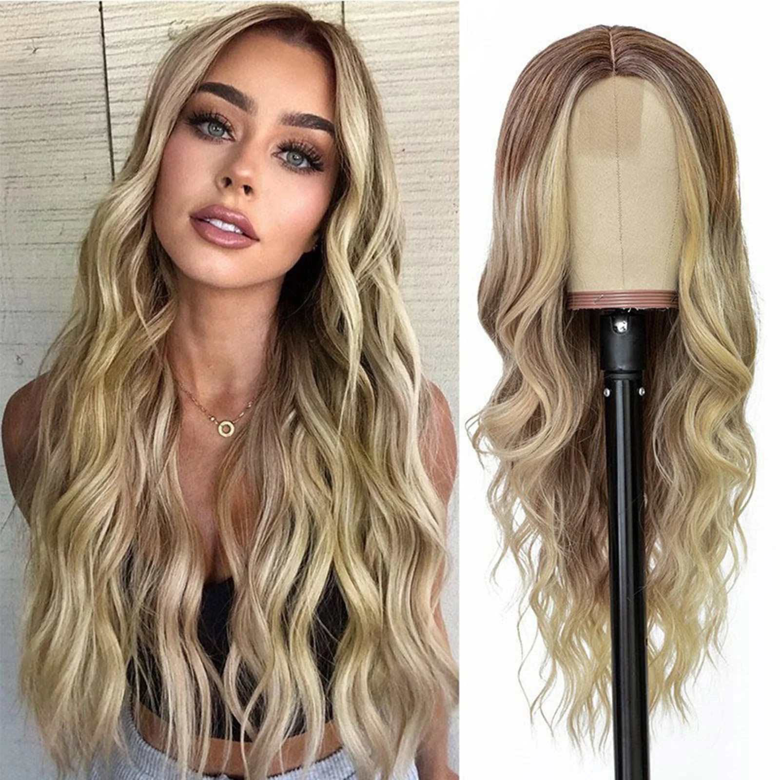 Cross-border Synthetic Gradient Golden Long Curly Hair Wig Female Small Lace Wig Chemical Fiber Headgear Lace Wigs Wholesale