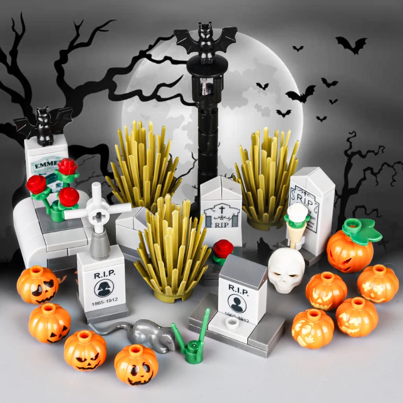 

MOC City Halloween Tombstone Scene Parts Building Blocks Skeleton Soldier Figures Grave Plant Pumpkin Animal Bricks Kid Toy Gift