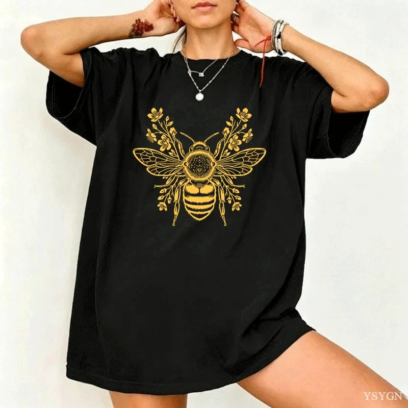 Botanical Bee T-Shirt Bee Lover Gift Floral Bee Tee Honey Nature Lover Printed Tshirts Woman Summer Cotton Casual T Shirt Tops