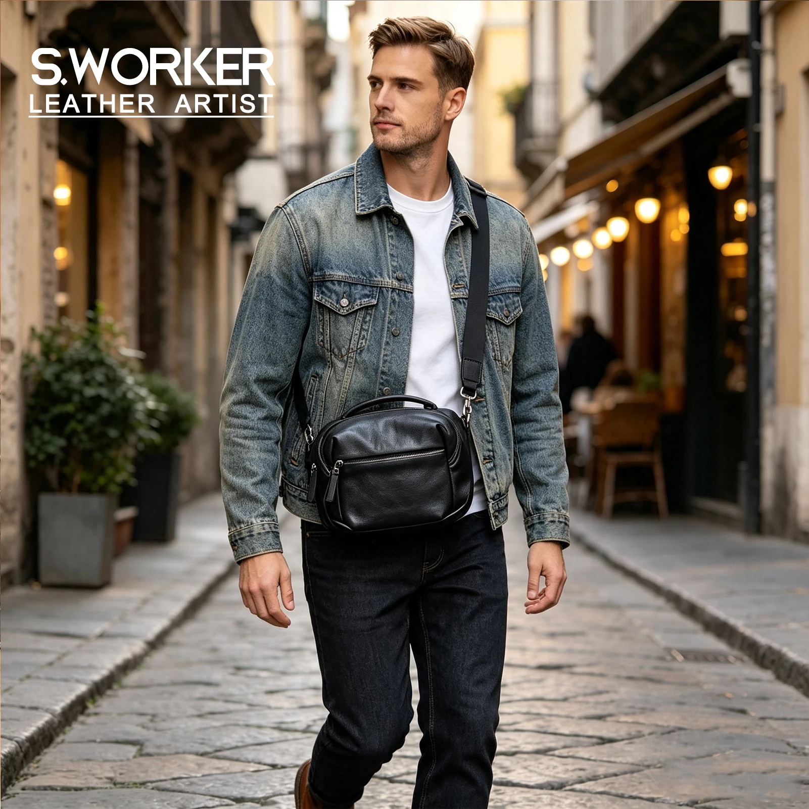 Echte Leder-Umhängetasche für Herren, Casual, Vielseitig, Kameratasche, Oberleder, Modischer Stil – Detail 2