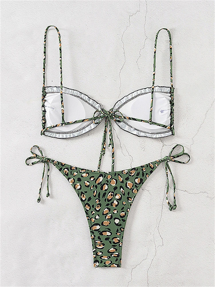 Strój kąpielowy damski Bikini 2024 New Green Leopard Ruffle Sling Bikini Set Sexy Lace Up Swimwear Summer Beachwear Strój kąpielowy damski