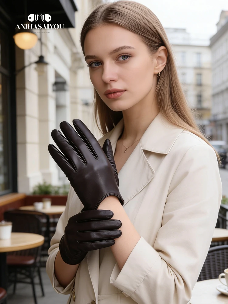 ファッションシープスキンの女性の手袋、駆動女性の革手袋、薄型タッチ手袋、保温女性の冬の手袋-2001