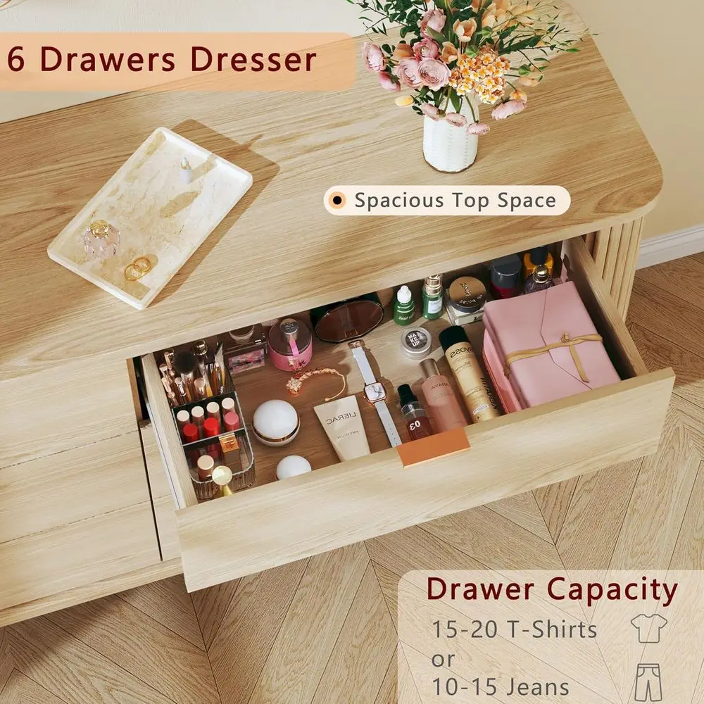 곡선형 프로파일의 6단 서랍장, 침실, 거실 및 복도용 오크 목재 수납장