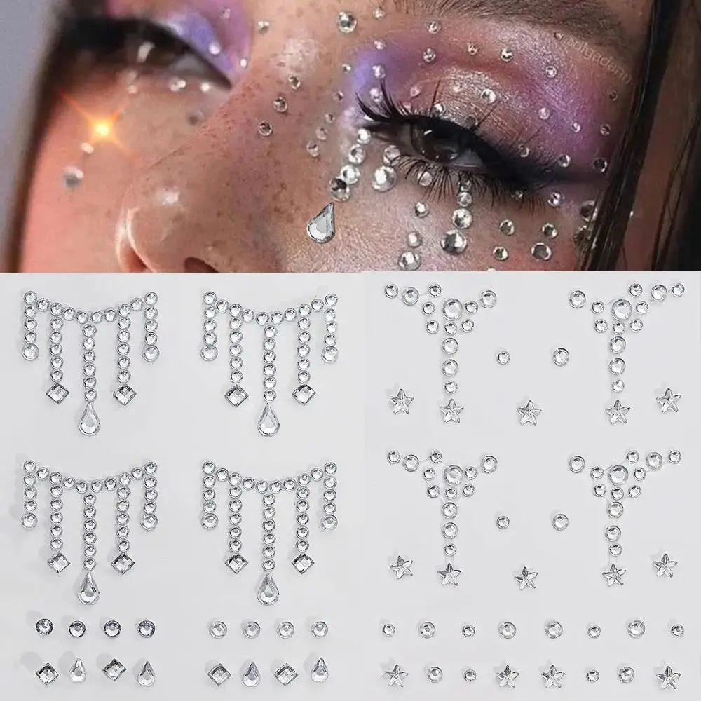 1Pcs 3D Tears Chain Stars Gems Face Tattoos Stickers Self-Adhesive Rhinestones Decals for Women Girl Eye Body Makeup Jewel Decor