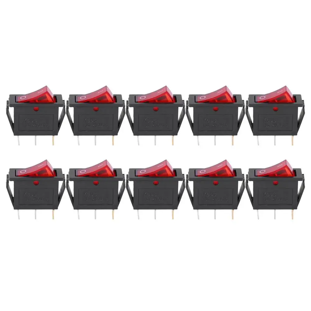 10PCs KCD3 3-Pin Rocker Switch with Red Light - On/Off 2-Position for Household Appliances Accessory