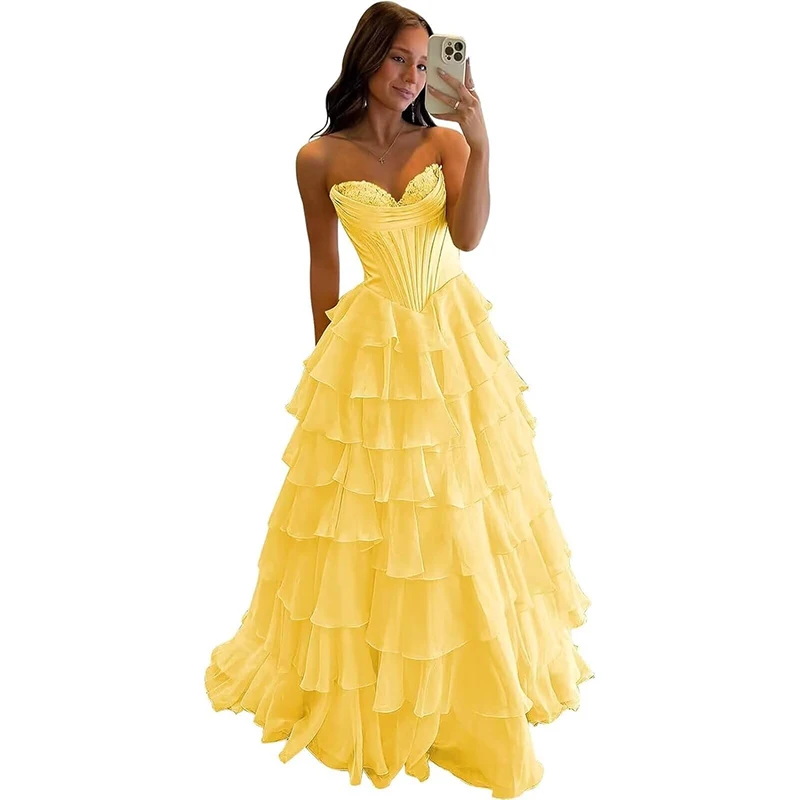 

Ruffle Prom Dress Corset Tiered 2025 Strapless Long Chiffon Formal Evening Gown with Slit