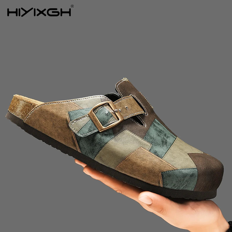 Unisex Cork Closed Toe Slippers Slip-on Clogs Slides Fashion Leather Sandals with Adjustable Buckle Backless Comfort Footbed