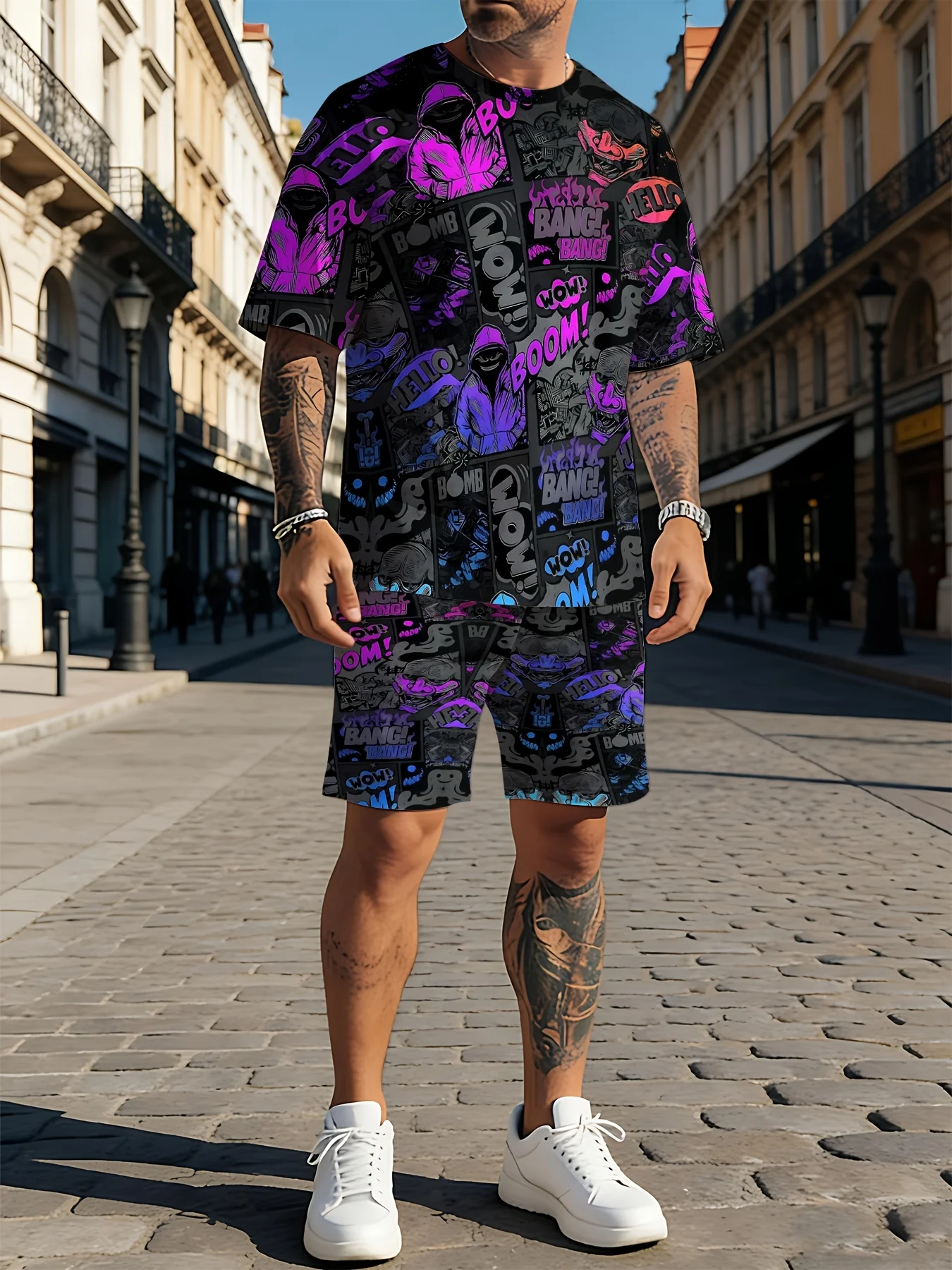 2026 Summer New Men's Short-Sleeved Set with 3D Letter Pattern Print for Street Casual Fashion with Breathable Design