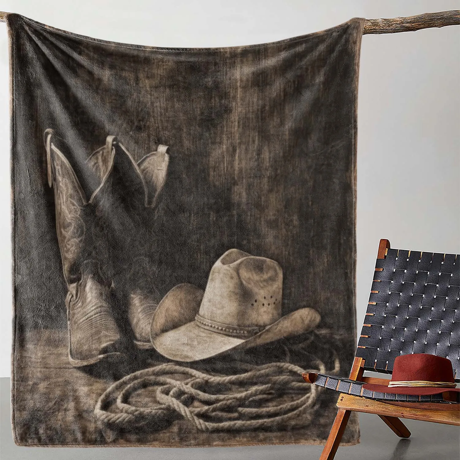 

Vintage Western Cowboy Blanket - Boot & Hat Print Soft Flannel Throw