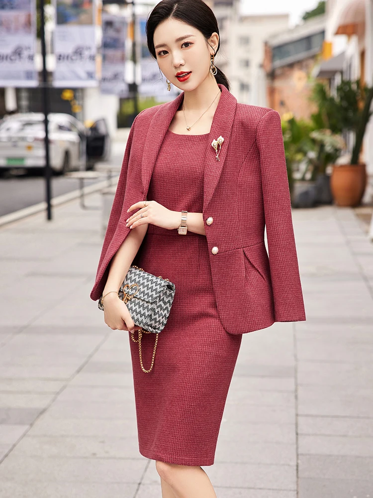 

Slimming Woolen Suit Dr Set Women's Profional Faion Small Size Two-Piece Suit Commute Sle Long Sve Button Detail