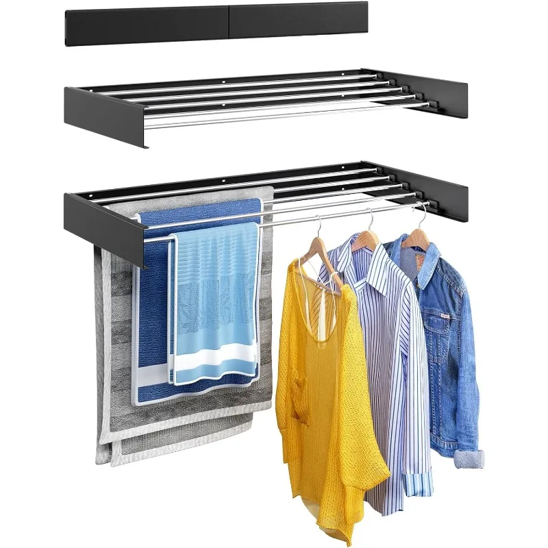 

31.5" Wide Laundry Room Drying Rack Wall Mounted - Space Saver & Retractable 13.1 Linear Ft 5 Aluminum Rods 40 lb Capacity