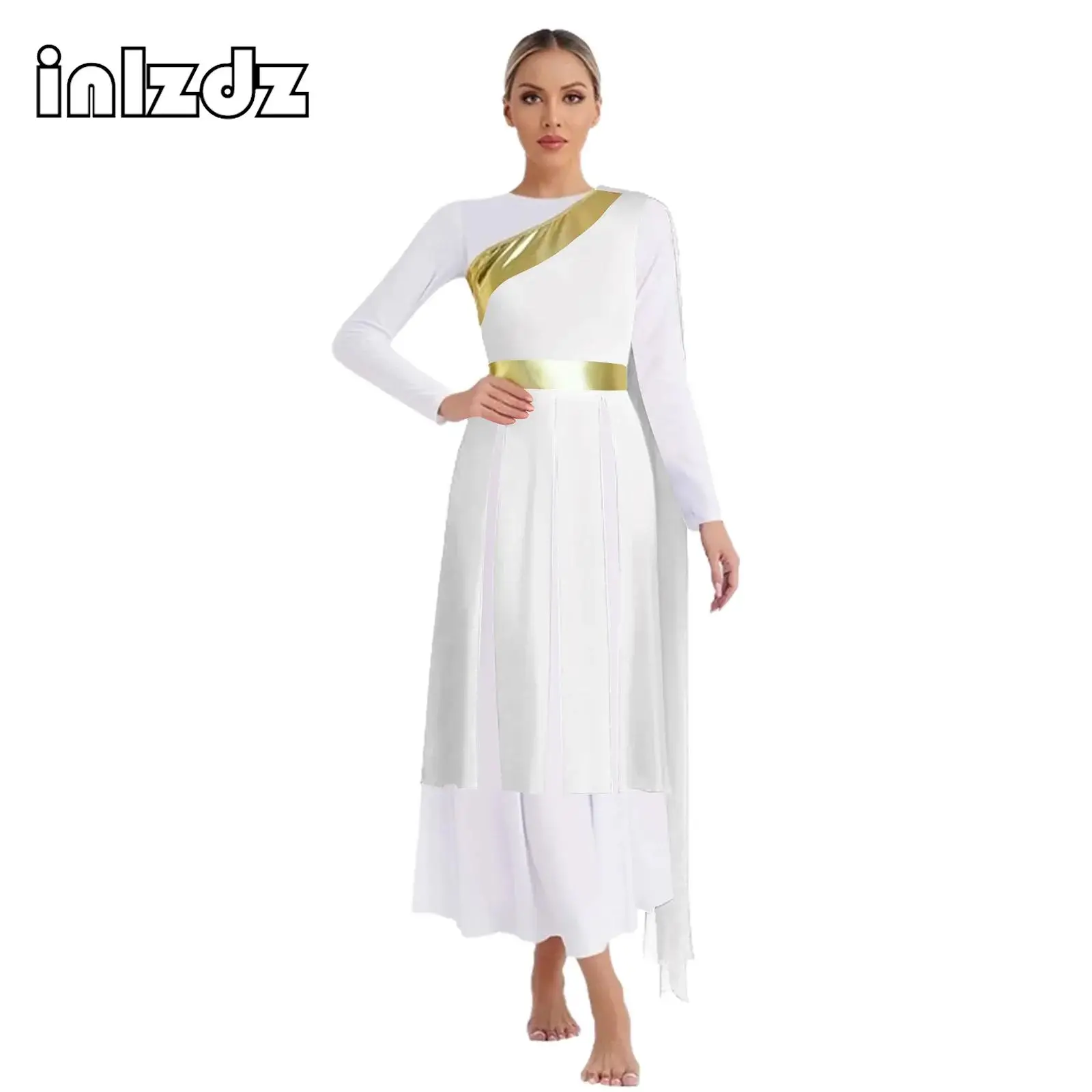 

Womens Lyrical Liturgical Dance Dress One Shoulder with Drape Sleeveless Slit Hem Tunic Dress Worship Praise Performance Costume