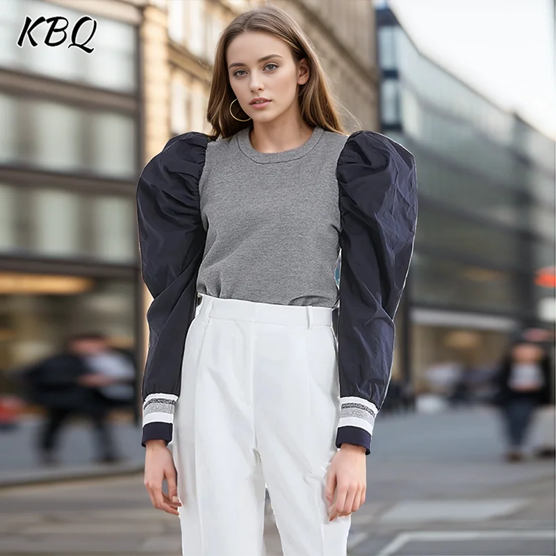 

KBQ Minimalist Patchwork Folds Sweatshirts For Women Round Neck Long Sleeve Spliced Zipper Casual Sweatshirt Female Fashion New