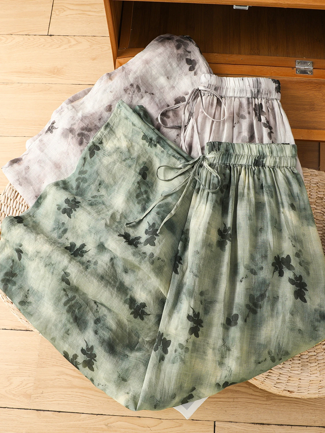 Retro chinês tinta de água tingido linho f saia feminina solta artística versátil meados de comprimento a linha saia verão nova chegada