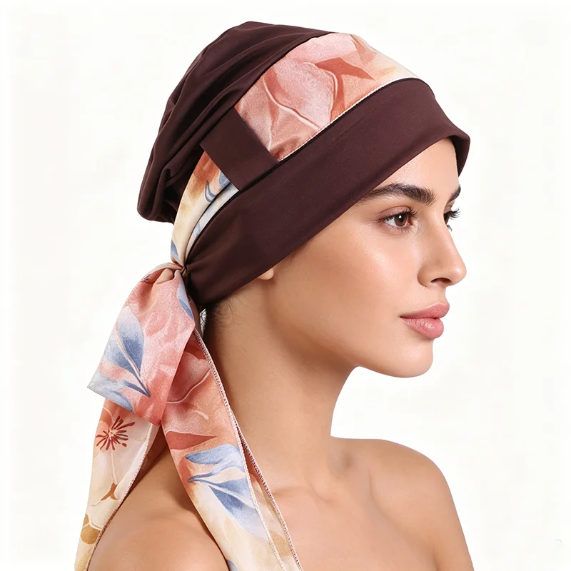 Neuer Muslimischer Hijab für Frauen, Bedruckter Stretch-Turban, Vorgebundene Chemo-Mütze, Bandana, Kopftuch für Krebspatienten und Haarausfall – Detail 13