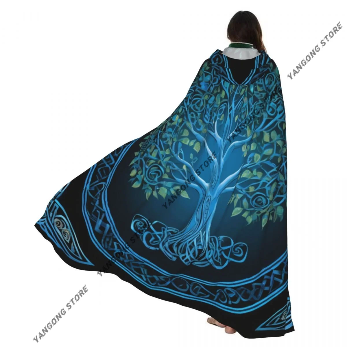 Adult Halloween Ethnic Tree With Branches Arch Retro Cloak Cape Hooded Medieval Costume Full Length Dress Coat