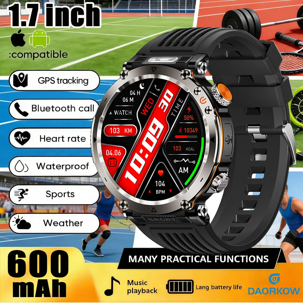 

2026 NEW Smartwatch 100+Sports Modes Health monitoring 600mAh Large battery 1.7''HD screen IP68Waterproof GPS LED Flashlight men