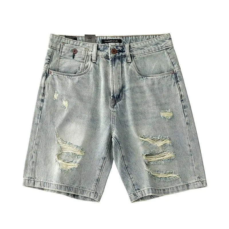 

Лето 202, мужские рваные джинсовые шорты, потертые полубрюки, свободные прямые роскошные мужские ретро светлые потертые повседневные брюки