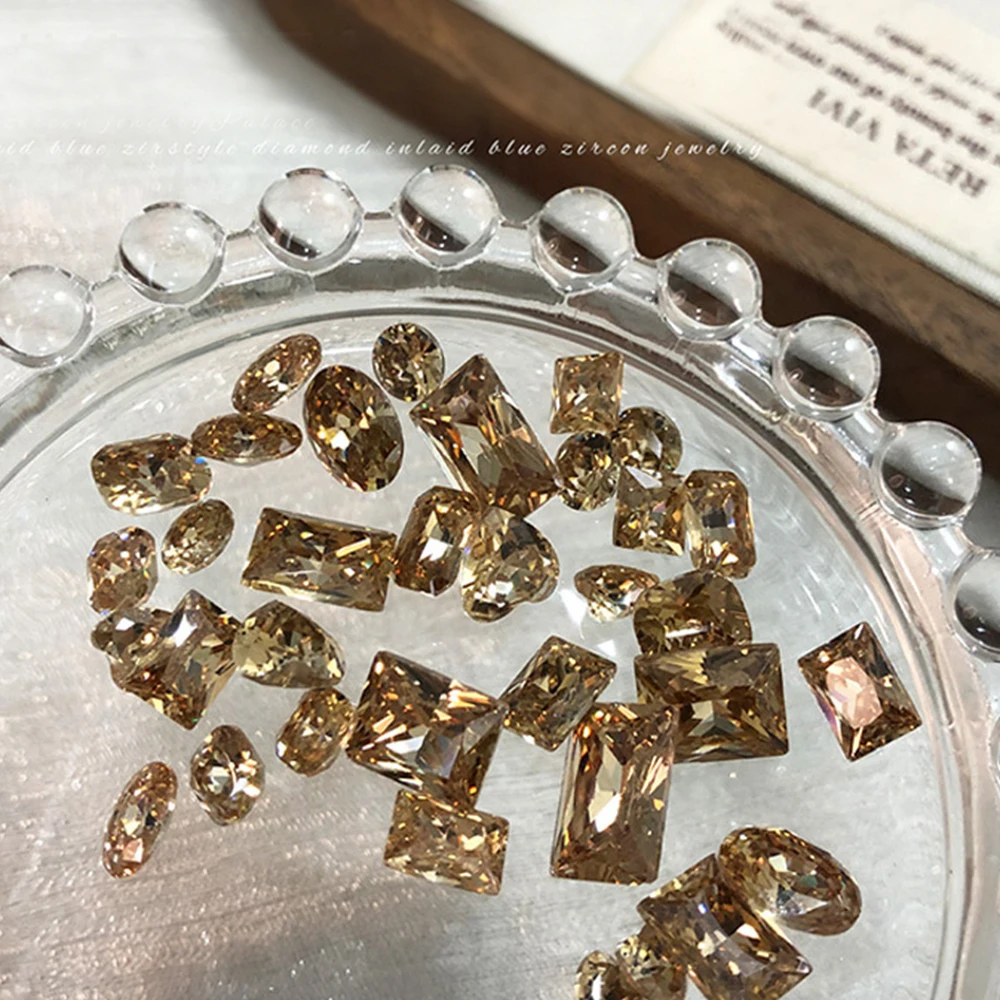 10Pcs Sparkle Champagne Zircon Diamond Crystal Nail Rhinestones 3D Heart/Square/Rectangle Glass Stone Gem Manicure Decoration
