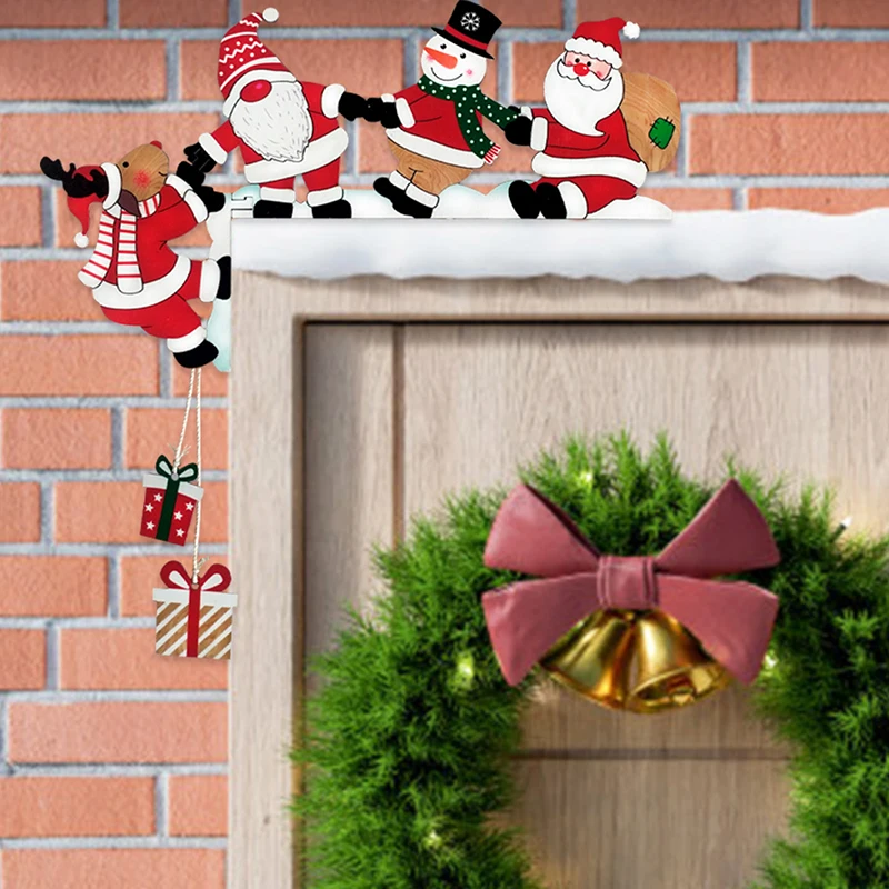 Decorazione angolare per porta natalizia in legno di Babbo Natale Decorazione per cornice per porta natalizia Pupazzo di neve Cornice per renna Segno Ciondolo in legno Decorazioni per la casa delle feste