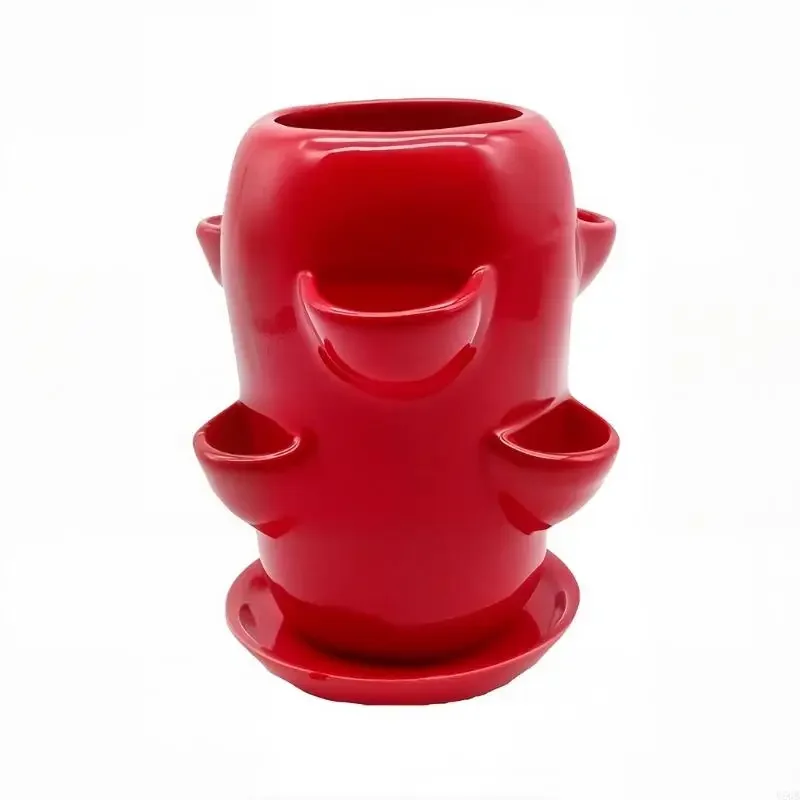Tiered Ceramic Flower Pot with Side Openings, Vertical Red Herb Holder for Balcony Shelf, Window Shelf, Table Display, and Y5GB