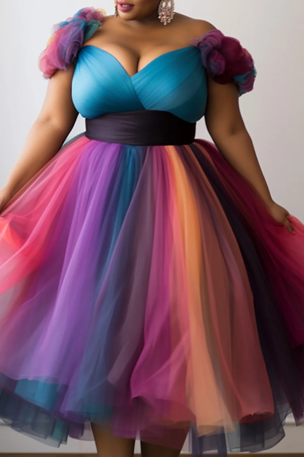 Pleated A-Line Plus Size Prom Elegant Multicolor Gradient Spring Summer Wrap Neck Tulle Midi Dresses Evening Cocktail Dresses