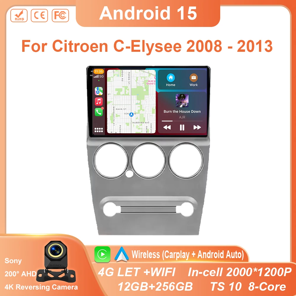 

Android 15 для Citroen C-Elysee 2008-2013 Автомобильный радиоприемник Мультимедийный плеер Стерео-навигация GPS BT Беспроводной Carplay QLED Экран 4G